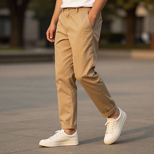 Photograph of a person walking, showing only their torso to ankles. They wear beige pants, white sneakers, and a white shirt, with hands in
