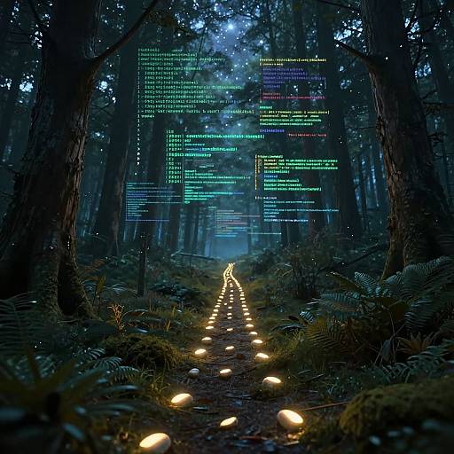 Digital art of a dark, misty forest path with glowing lights, illuminated by colorful, floating code on a blue-tinted night sky.