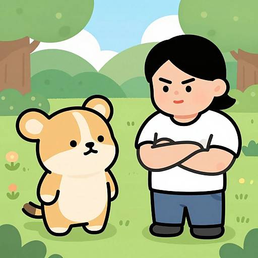 Cartoon-style drawing: chubby boy with black hair, white shirt, blue pants, arms crossed, stands beside cute, tan bear, in green park