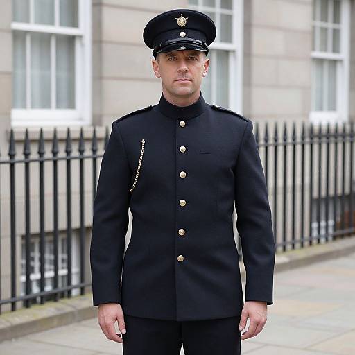 Photograph of a stern-faced white male police officer in a black uniform and peaked cap, standing on a city street with a wrought iron fence and building
