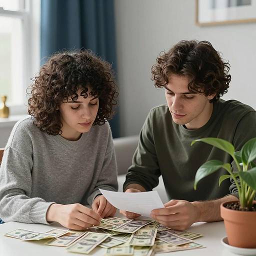 Young couple counting money at home
