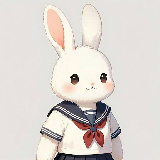 Cute digital illustration of a white bunny in a Japanese schoolgirl sailor uniform with a red neckerchief, smiling with blushing cheeks, against a