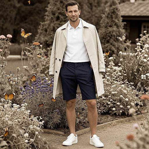 Photograph of a handsome man with short dark hair, white shirt, navy shorts, beige trench coat, and white sneakers, standing in a vibrant garden