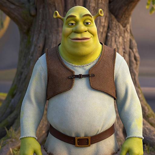 CGI image of a green-skinned, smiling goblin with small horns, wearing a brown leather vest over a white tunic, standing in front