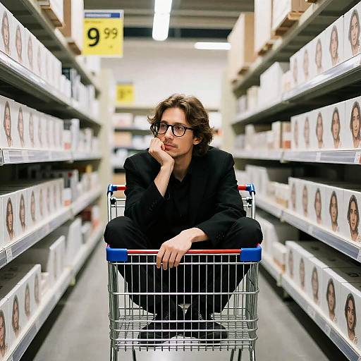 Thoughtful Man in Shopping Cart Portrait