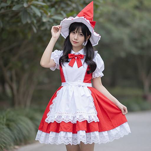 Asian woman in red and white anime-style maid outfit with lace trim, red bow, and white hat, standing outdoors on a path.