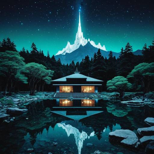 Nighttime Lake Reflection with Futuristic Mountain and House