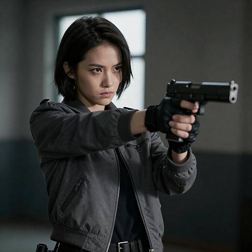 Determined Woman Aiming Handgun in Backlight