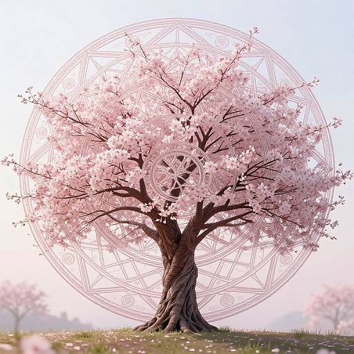Digital artwork of a cherry blossom tree with pink flowers, intricate circular patterns in background, standing on grassy hill.