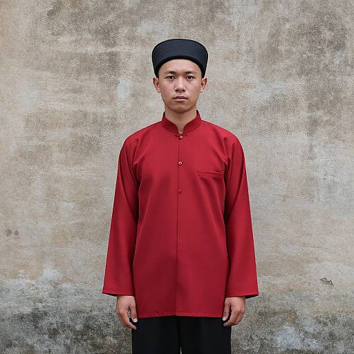 Photograph of a young Asian man with short black hair, wearing a red long-sleeve shirt and black hat, standing against a textured, beige