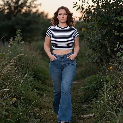 Photograph of a young woman with curly brown hair, wearing a black-and-white striped crop top and blue jeans, standing in a grassy, wooded