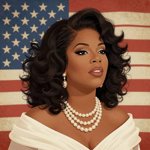 Digital portrait of a dark-skinned woman with curly black hair, wearing pearl earrings and necklace, white off-shoulder top, against an American flag