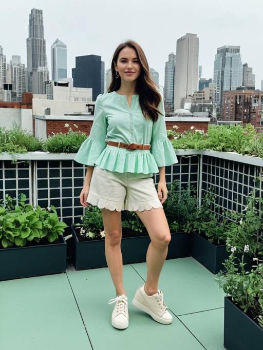 Woman in Mint Green Peplum Blouse on Urban Rooftop