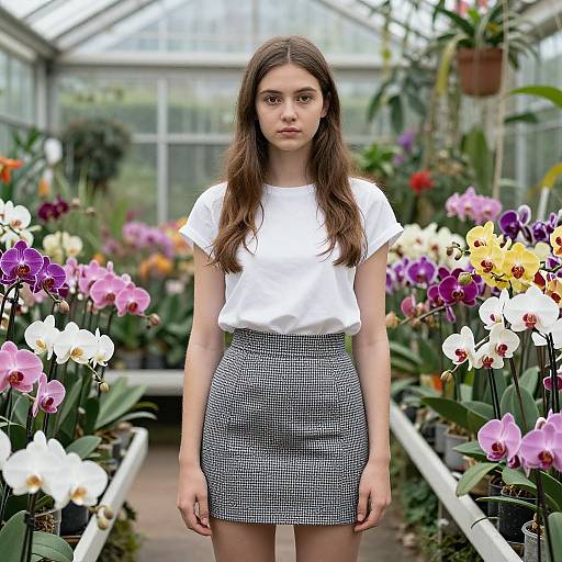 Young Woman in Vibrant Greenhouse