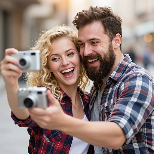Photograph of a smiling blonde woman and bearded man with curly hair, wearing plaid shirts, taking a selfie in a blurred urban street.