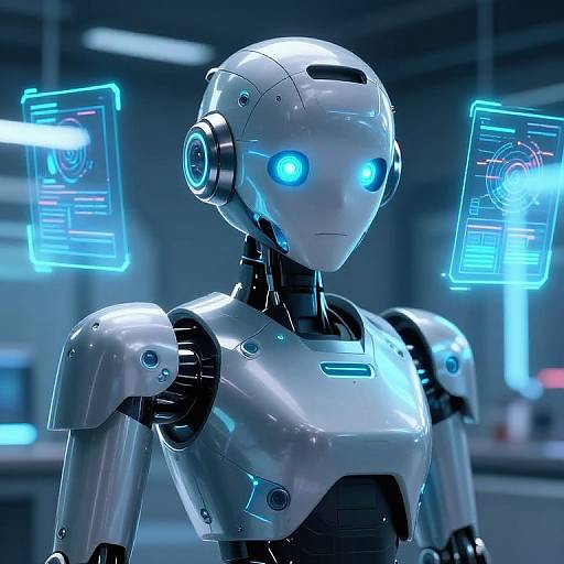 Photorealistic CGI of a sleek, white humanoid robot with glowing blue eyes, illuminated holographic screens floating on either side.