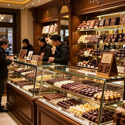 Photograph of a luxurious, well-lit chocolate shop with glass display cases filled with assorted chocolates, three Asian men in black coats browsing, wooden shelves