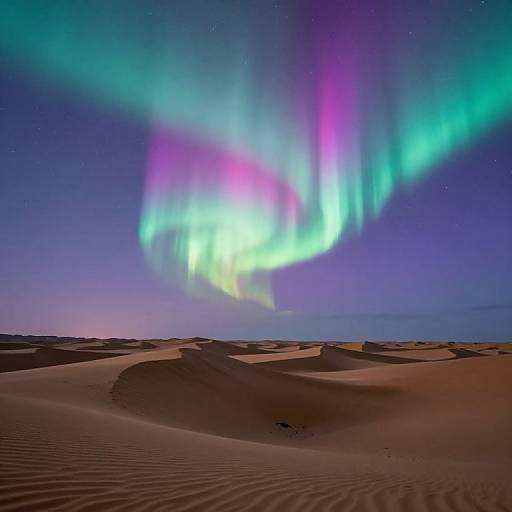 Photograph of vibrant northern lights over a desert landscape with rippled sand dunes, showcasing a colorful aurora in shades of green, purple, and