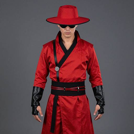 Photograph of a man in a red satin kimono with black trim, black belt, black gloves, and red hat, wearing black sunglasses, standing