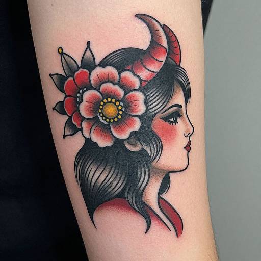 Tattoo of a female profile with black hair, red and white flower, yellow center, and red horns on pale skin.
