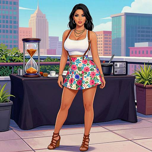 Digital illustration of a curvy woman with olive skin, black hair, wearing a white tank top, floral skirt, brown heels, standing on a rooftop