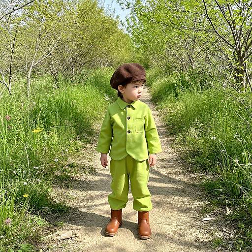 Child in Green Outfit on Forest Path