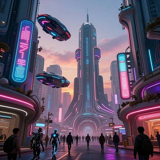 Neon-lit futuristic cityscape at sunset, featuring hovering UFOs, tall skyscrapers, glowing signs, and bustling pedestrians on a sleek,