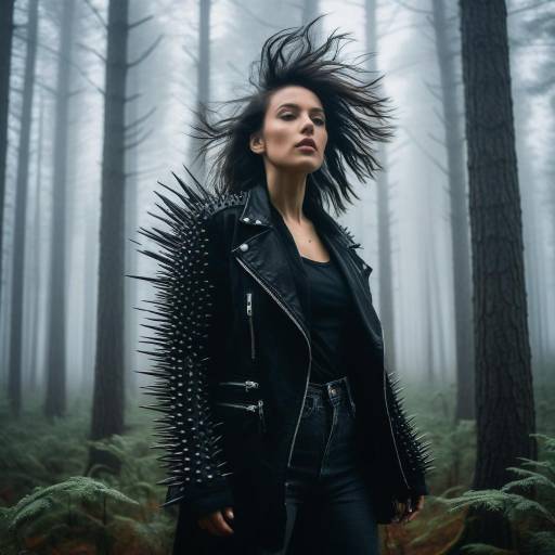 Woman in Spiked Leather Jacket in Foggy Forest