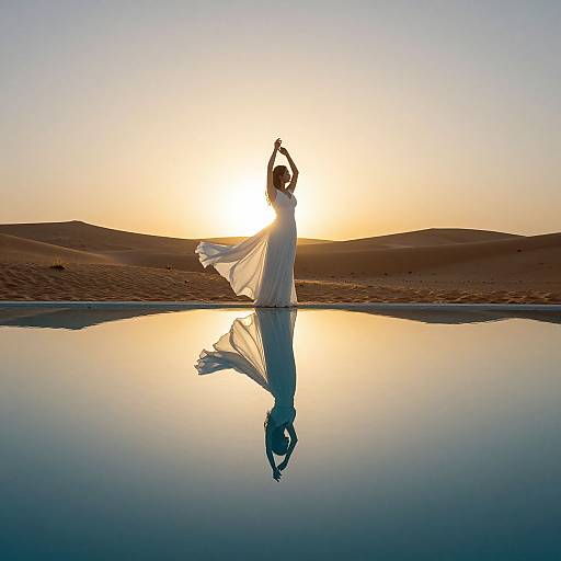 Silhouetted woman in flowing white dress, arms raised, reflected in calm desert oasis at sunset, with golden sky and dunes.