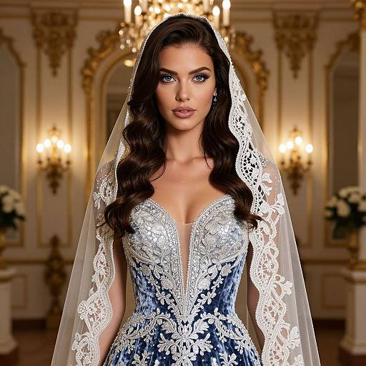 Photograph of a beautiful brunette bride with long wavy hair, wearing an intricate lace and blue satin gown, and a delicate white veil, standing in