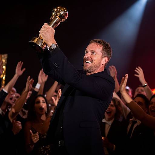 Photograph of a smiling, bearded man in a black suit holding a golden Grammy award, surrounded by cheering, raised-hand crowd under blue spotlight.