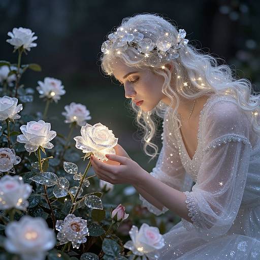 Fairy-like woman with glowing white hair and starlit crown, in a sparkly gown, gently holds a glowing flower among dewy roses. Phot