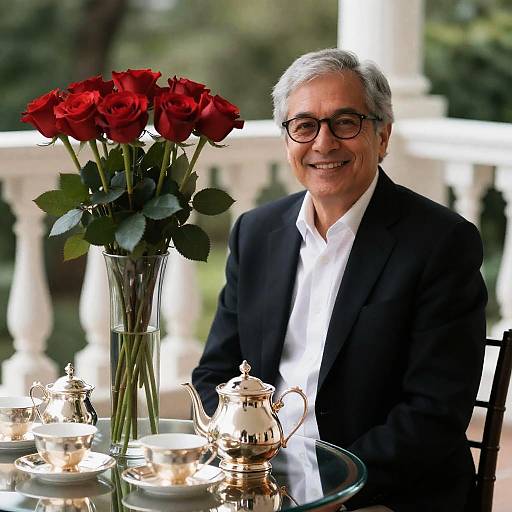 Elegant Tea Setting with Smiling Gentleman