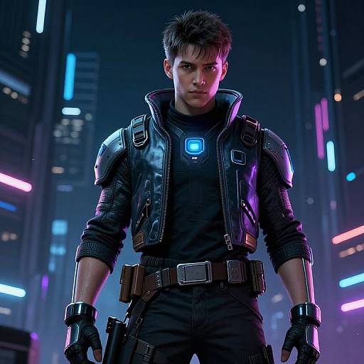 Cyberpunk Teen in Futuristic Nightscape