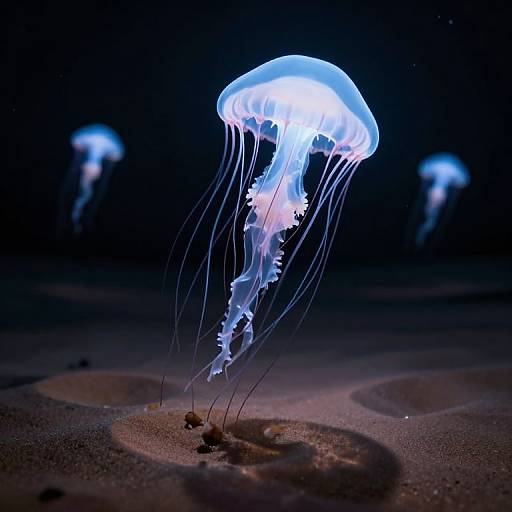 Photograph of glowing blue jellyfish with translucent, flowing tentacles, floating above dark, textured sandy ocean floor, with two blurred jellyfish in the