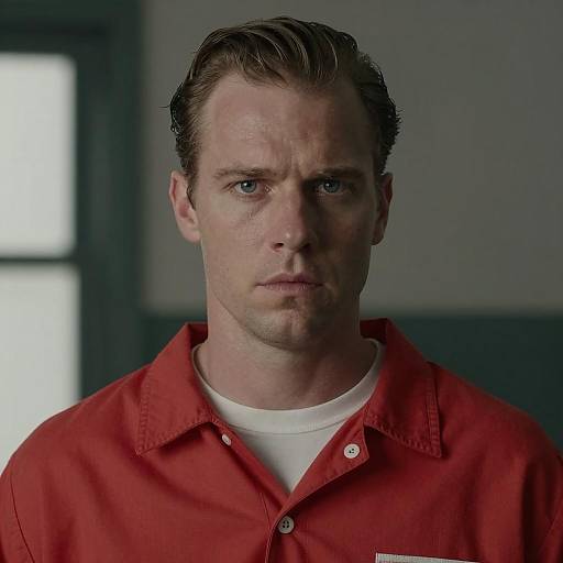 Serious Man in Red Prison Uniform