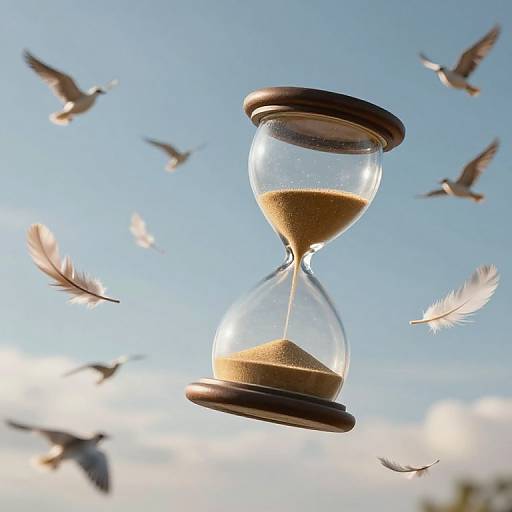 Photograph of a glass hourglass with sand flowing, suspended in mid-air, surrounded by flying birds and feathers, against a clear blue sky.
