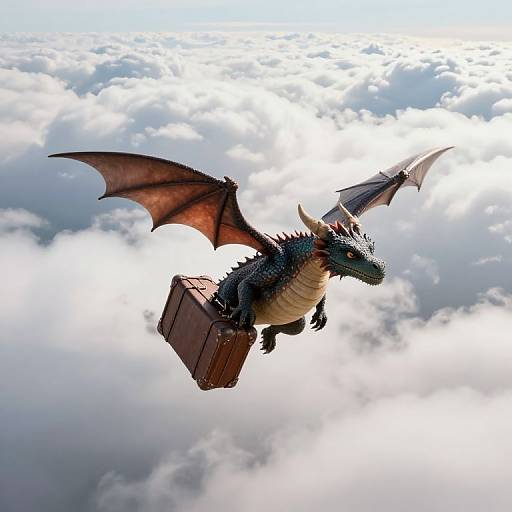 Digital artwork of a blue-green dragon with red wings and sharp horns flying through fluffy white clouds, carrying a brown suitcase.