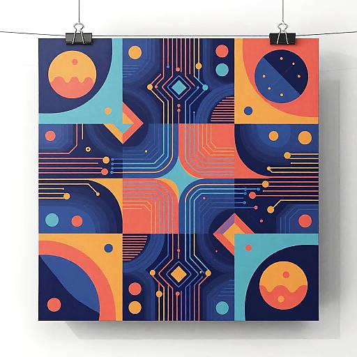 Vibrant digital abstract artwork featuring neon oranges, blues, and pinks with geometric shapes, circuit-like lines, and circular patterns. Hanging by black