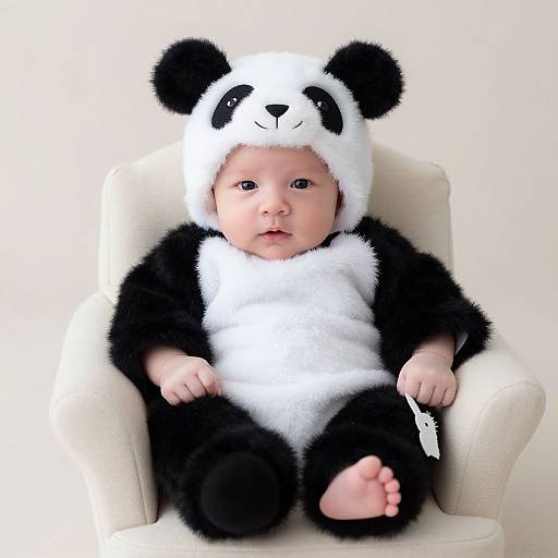 Photograph of a baby in a black-and-white panda onesie, sitting in a cream armchair, with a neutral expression and bare feet.