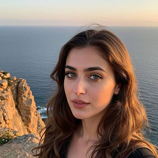 Photograph of a young woman with long brown hair, light skin, and green eyes, standing on a rocky cliff overlooking a calm ocean at sunset.