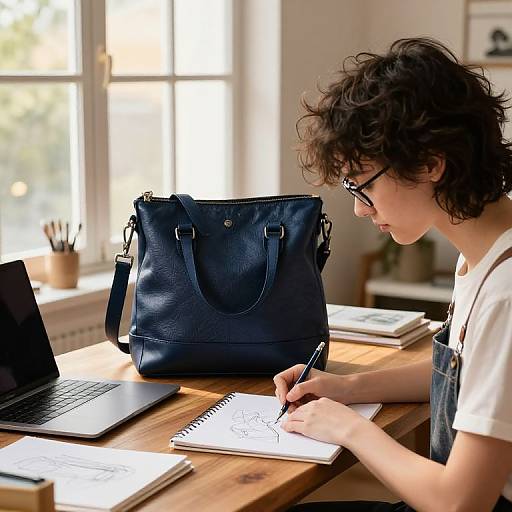 Photograph of a curly-haired, glasses-wearing young man in denim overalls, writing in a notebook at a sunlit wooden desk with a black