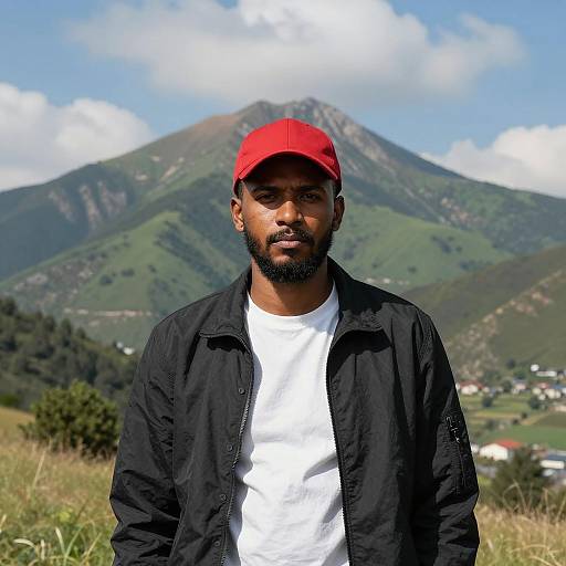 Serious Man in Mountainous Landscape