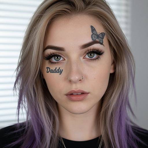 Photograph of a young woman with light skin, blue eyes, and purple-tinted blonde hair, featuring a black butterfly tattoo above her right eyebrow