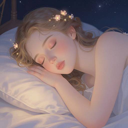 Digital painting of a fair-skinned, blonde woman sleeping on a white pillow, adorned with glowing butterfly hair accessories, in a dark, starry background