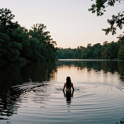 Photograph of a person with long hair, silhouetted against a sunset, standing in a calm lake surrounded by dense trees.