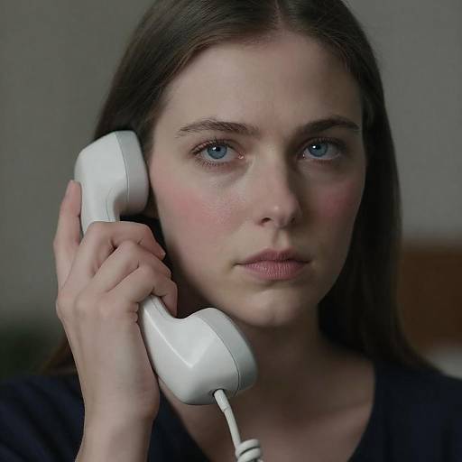 Serious Woman with Rotary Phone Close-Up