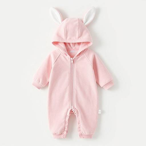 Photograph of a pink, hooded, zip-up children's coat with white rabbit ears on the hood, displayed against a white background.