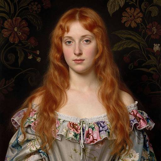 Digital portrait of a fair-skinned, red-haired woman with long, wavy hair, wearing an off-shoulder floral dress against a dark floral