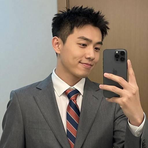 Smiling Asian Man in Suit Selfie